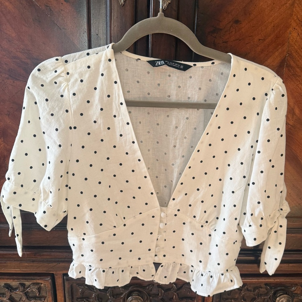 Zara Cream Polka Dot Linen Blouse